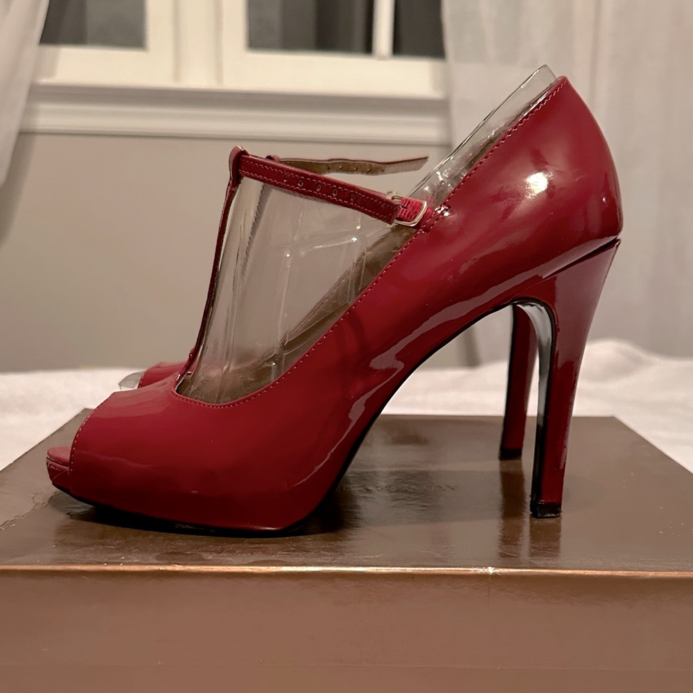 Audrey Brooke Burgundy T-Strap Patent Leather Open Toe Heels